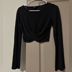 Women's Black Long Sleeve Twist-Front Crop Top